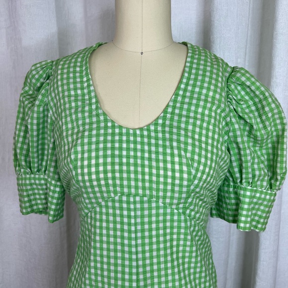 Vintage 70s Green Gingham Maxi Dress Puff Sleeves Medium - Picture 2 of 6